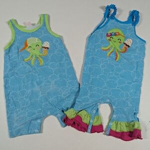 Boy/Girl Twins RicRac& Ruffles Octopus Rompers